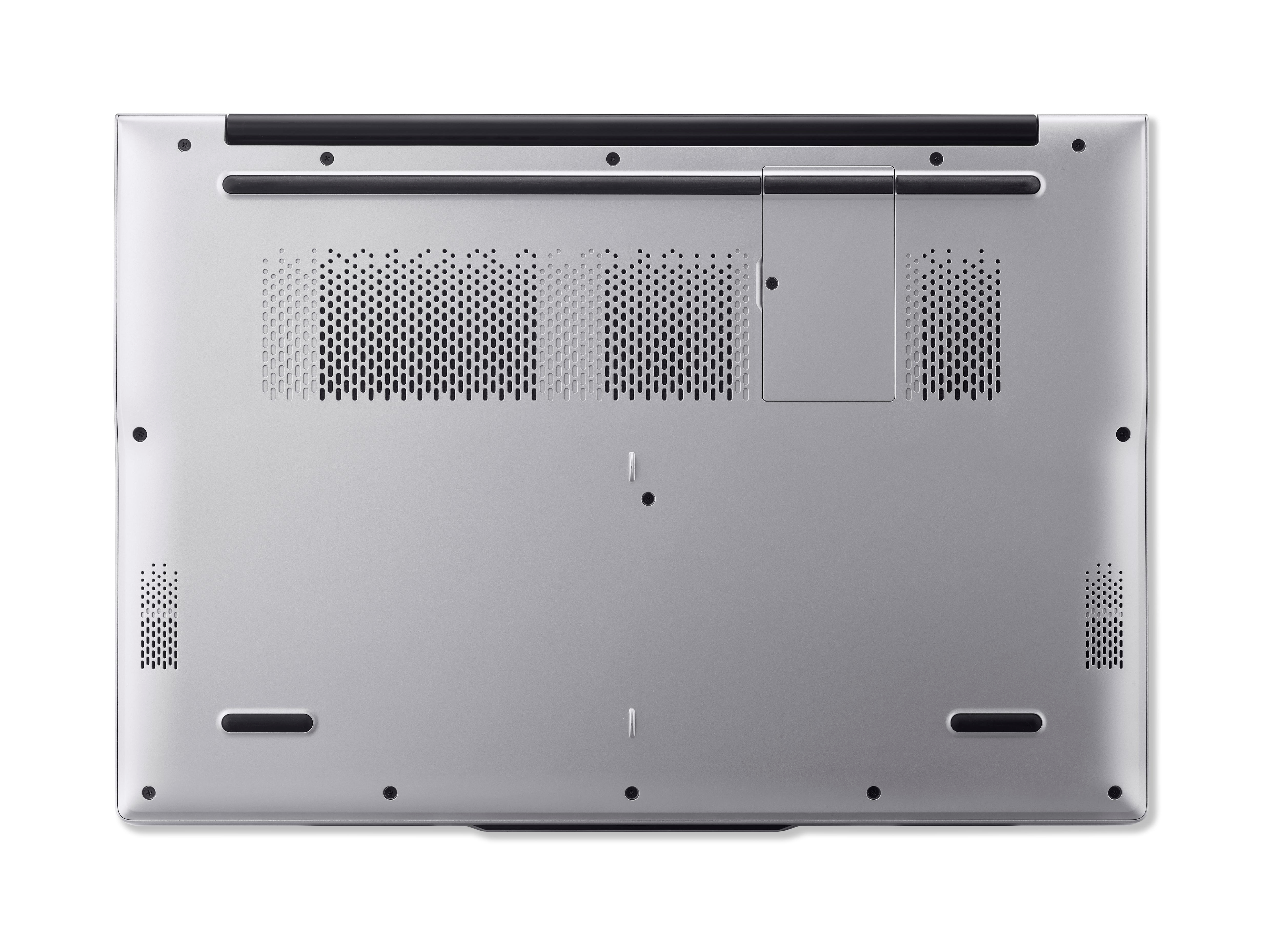 Unteransicht eines silbernen Laptops. Zeigt Lüftungsschlitze, Schrauben und Gummifüße.