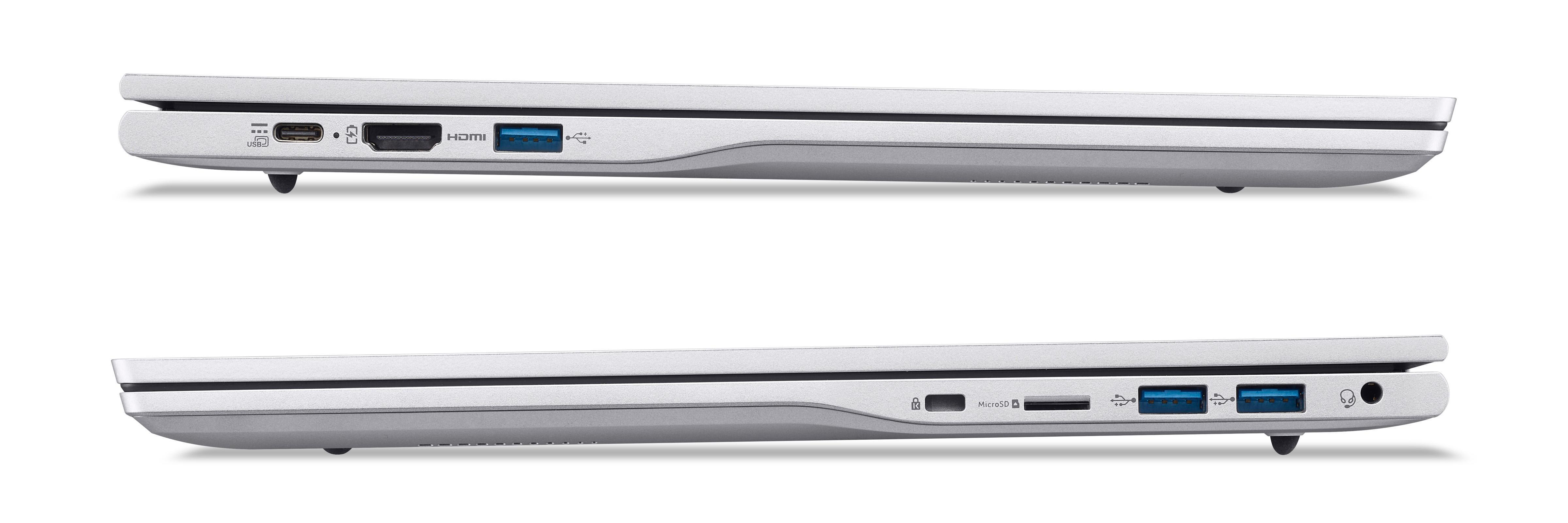 Zwei Seitenansichten eines Laptops, die die Anschlüsse und das Design zeigen. Beide sind silberfarben.
