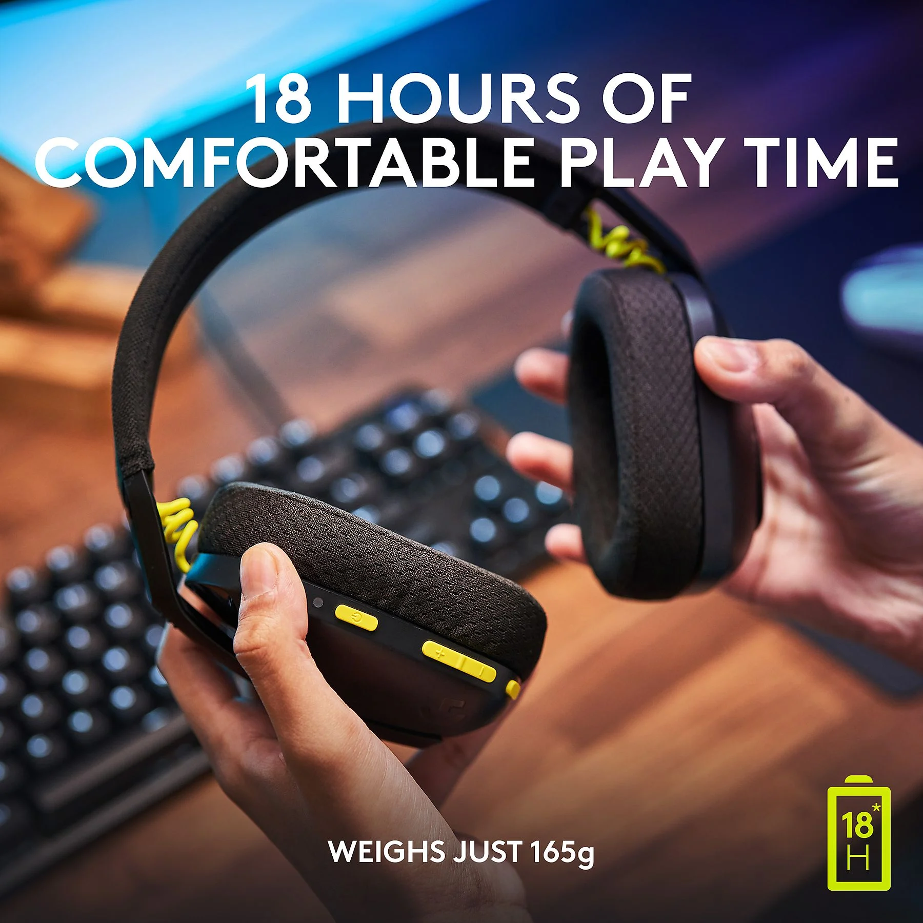 Casque de jeu noir et jaune, avec du texte sur le temps de jeu.