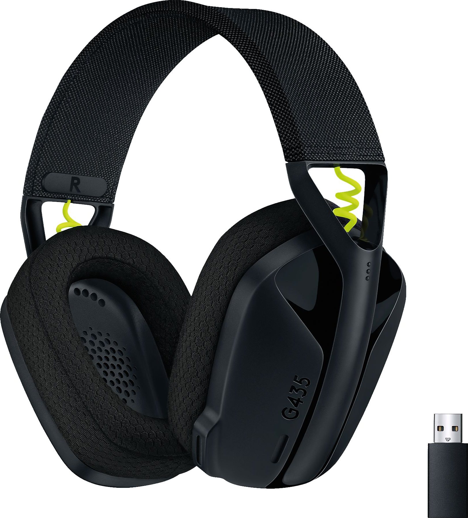 Casque noir avec un dongle USB et un câble vert.