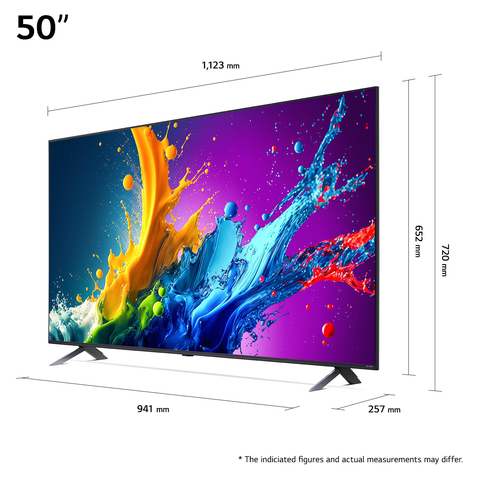 50-Zoll-Fernseher mit farbenfroher Spritzkunst, Abmessungen gezeigt.