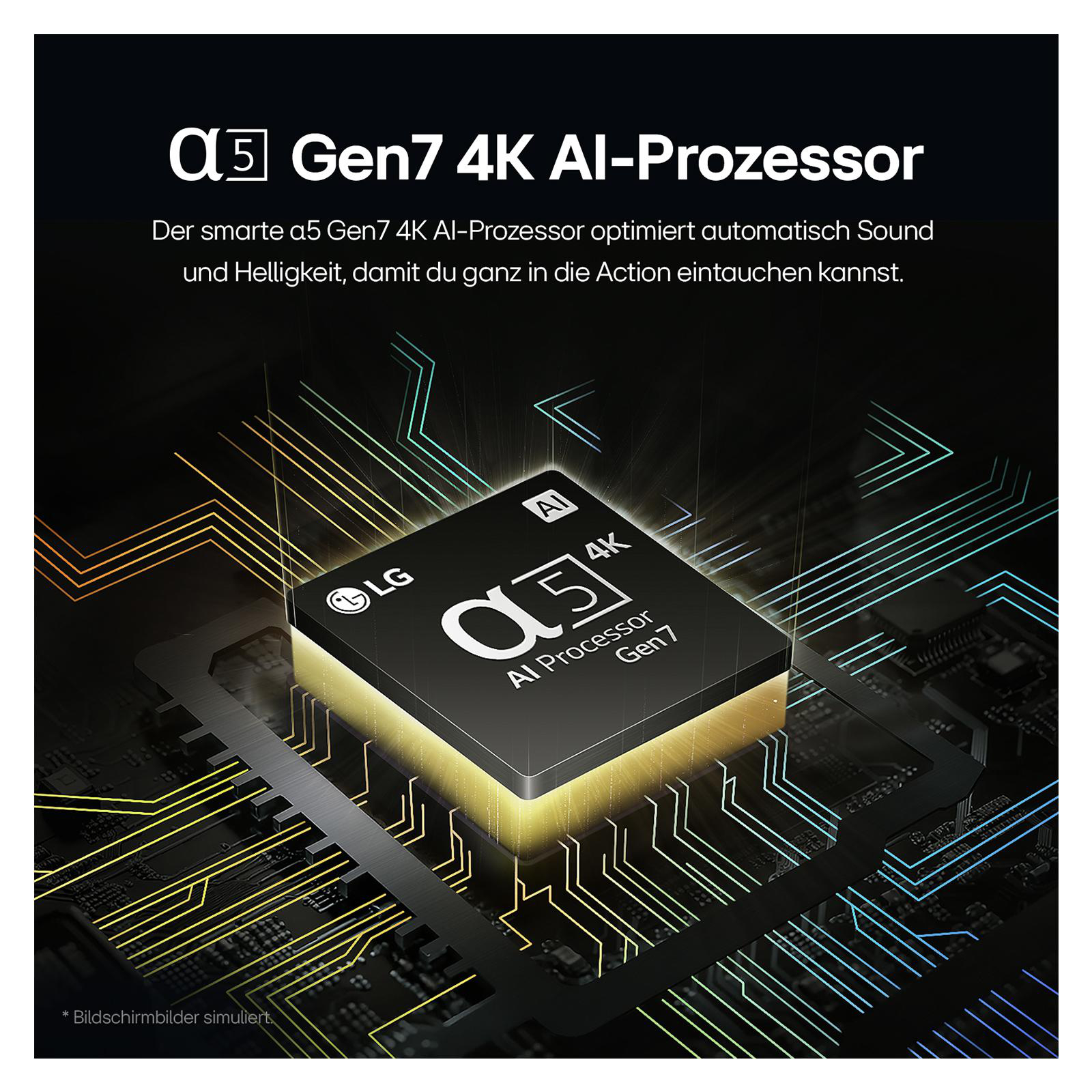 Ein TV-Prozessor-Chip mit Text 'α5 Gen7 4K AI Processor' und LG-Logo, mit bunten Linien drumherum.