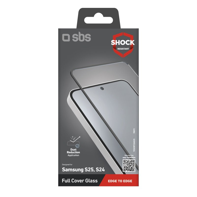 Box mit Full-Cover-Glas für Samsung S25, S24 Handys. Text und ein Handy-Bild.