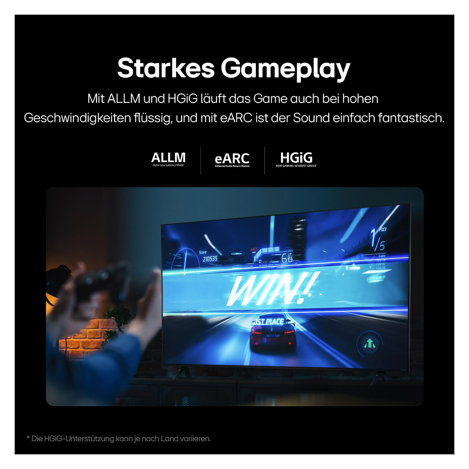 Ein Fernsehbildschirm mit einem Rennspiel, Spielinformationen und Controller.
