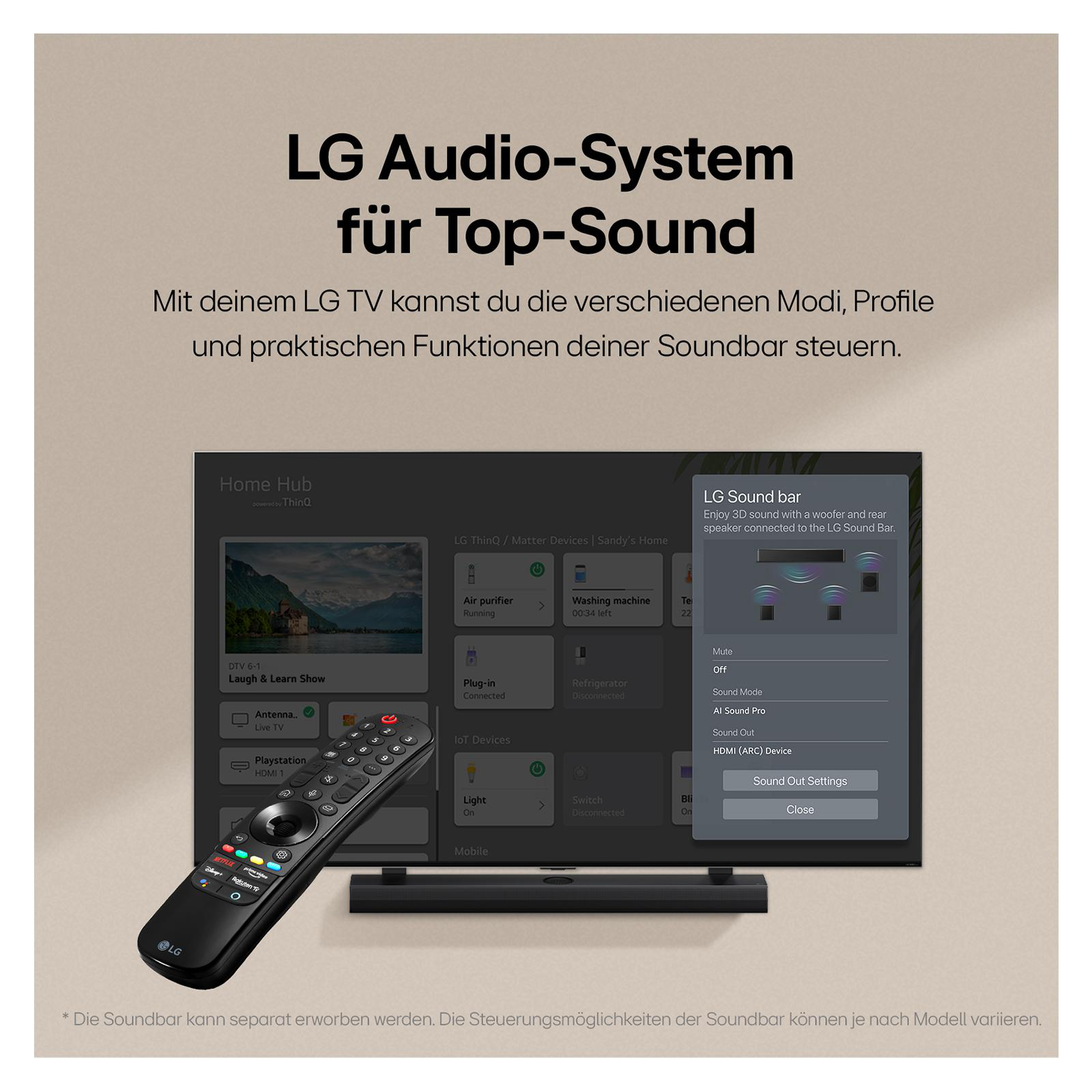 Ein Fernsehbildschirm mit Schnittstellenoptionen, darunter eine Fernbedienung und eine Soundbar.
