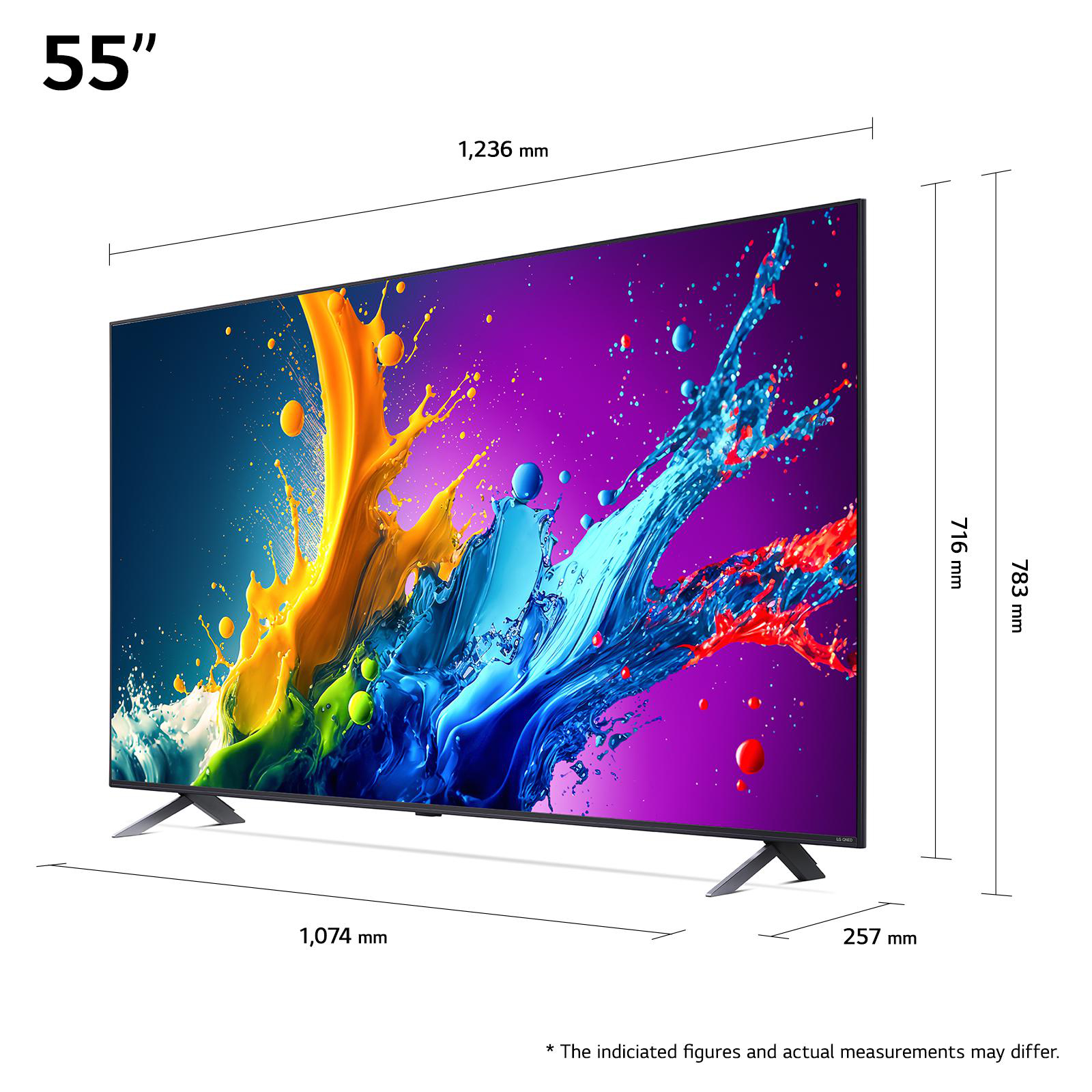 55 Zoll Fernseher, mit Maßangaben. Zeigt ein farbenfrohes, abstraktes Bild.