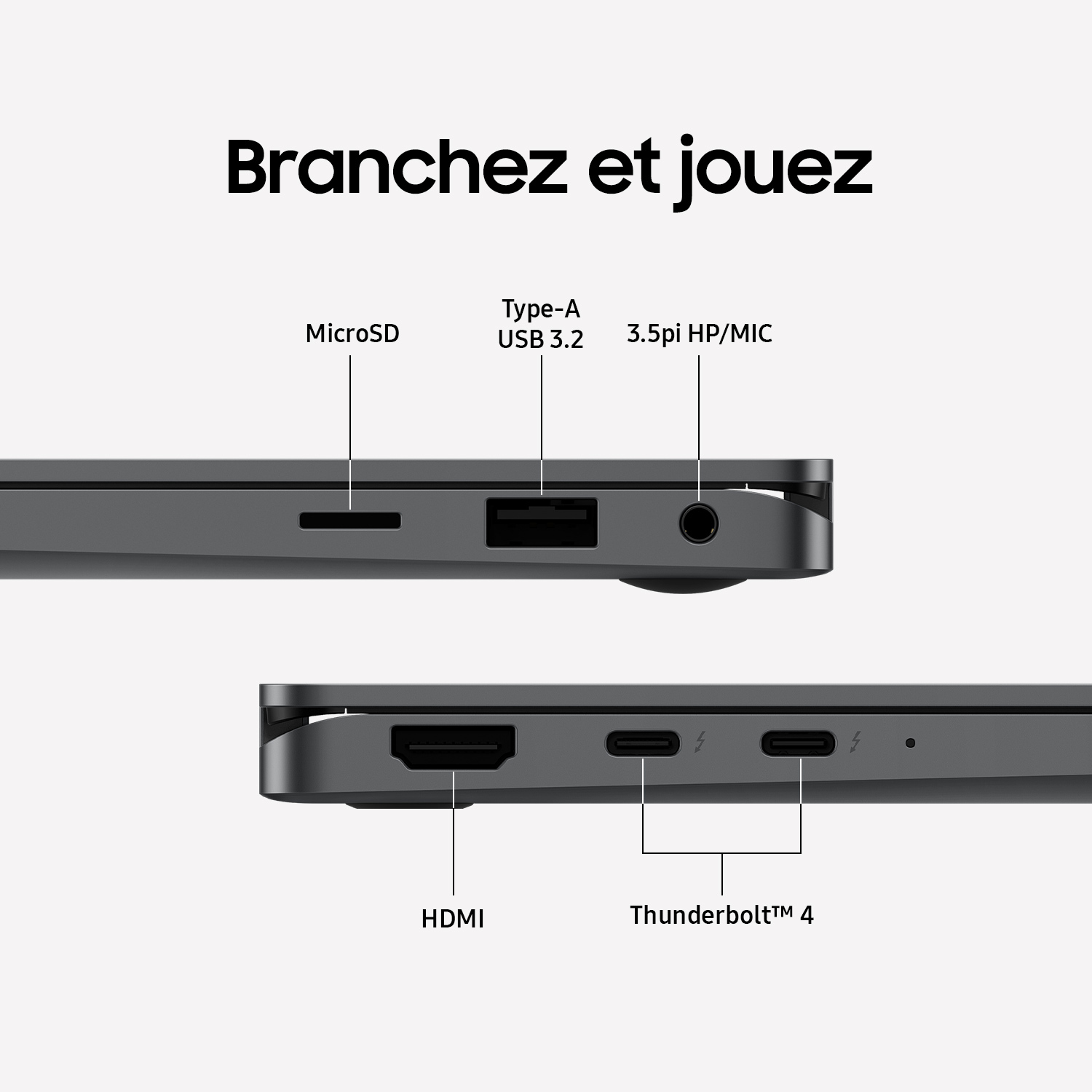 Ports d'ordinateur portable : MicroSD, USB, prise audio, HDMI, Thunderbolt. Fond blanc avec texte 'Plug and Play'.
