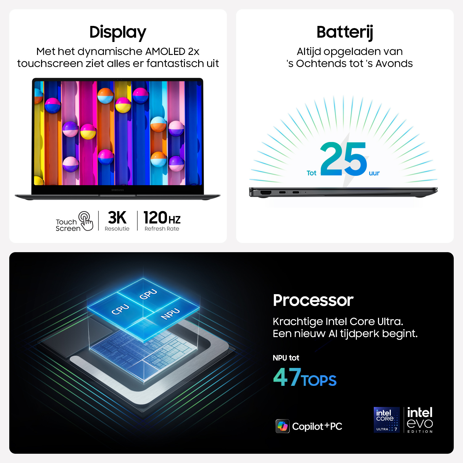 Laptop with display, battery, and processor info. Colorful graphics. White background.