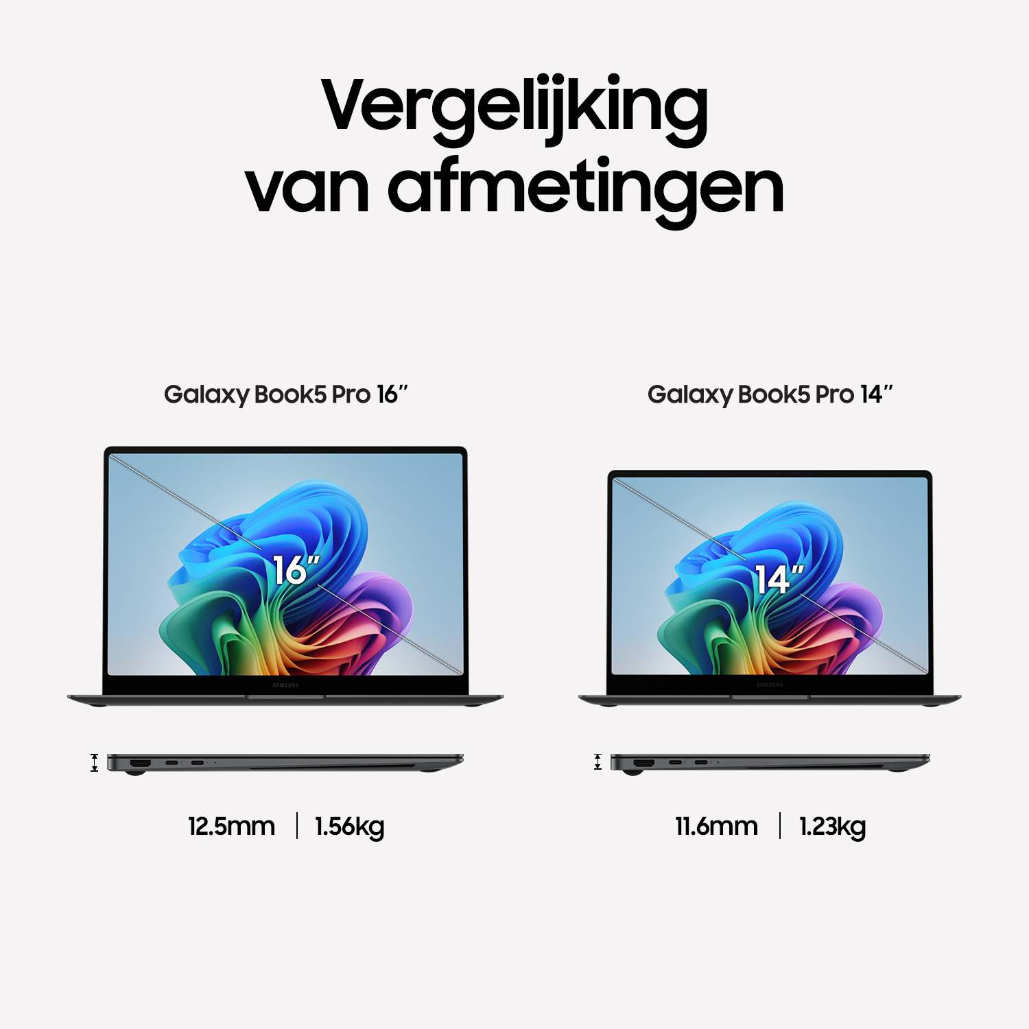 Comparison of two laptops: 16" and 14", showing sizes and weights side by side.