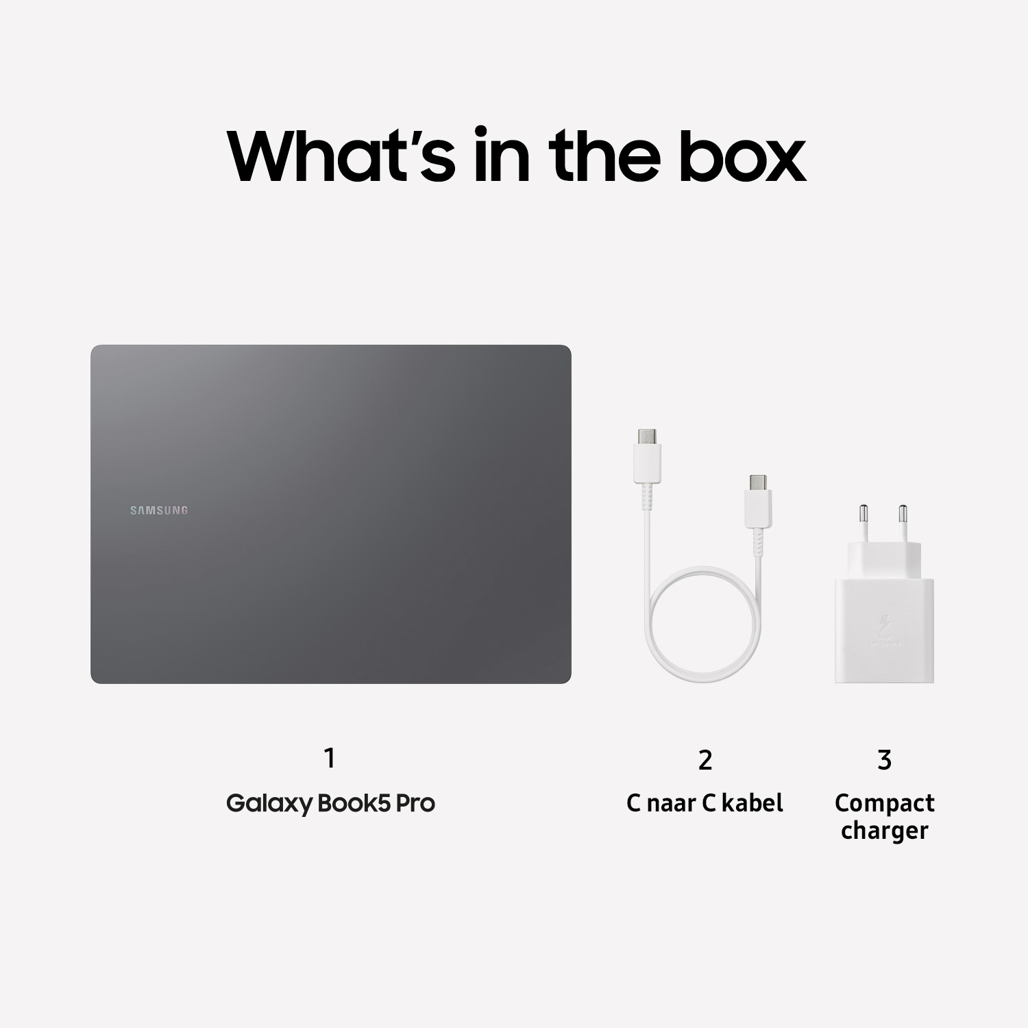 Laptop, cable, and charger. The laptop is grey. Cables and charger are white. Text says 'What's in the box'.