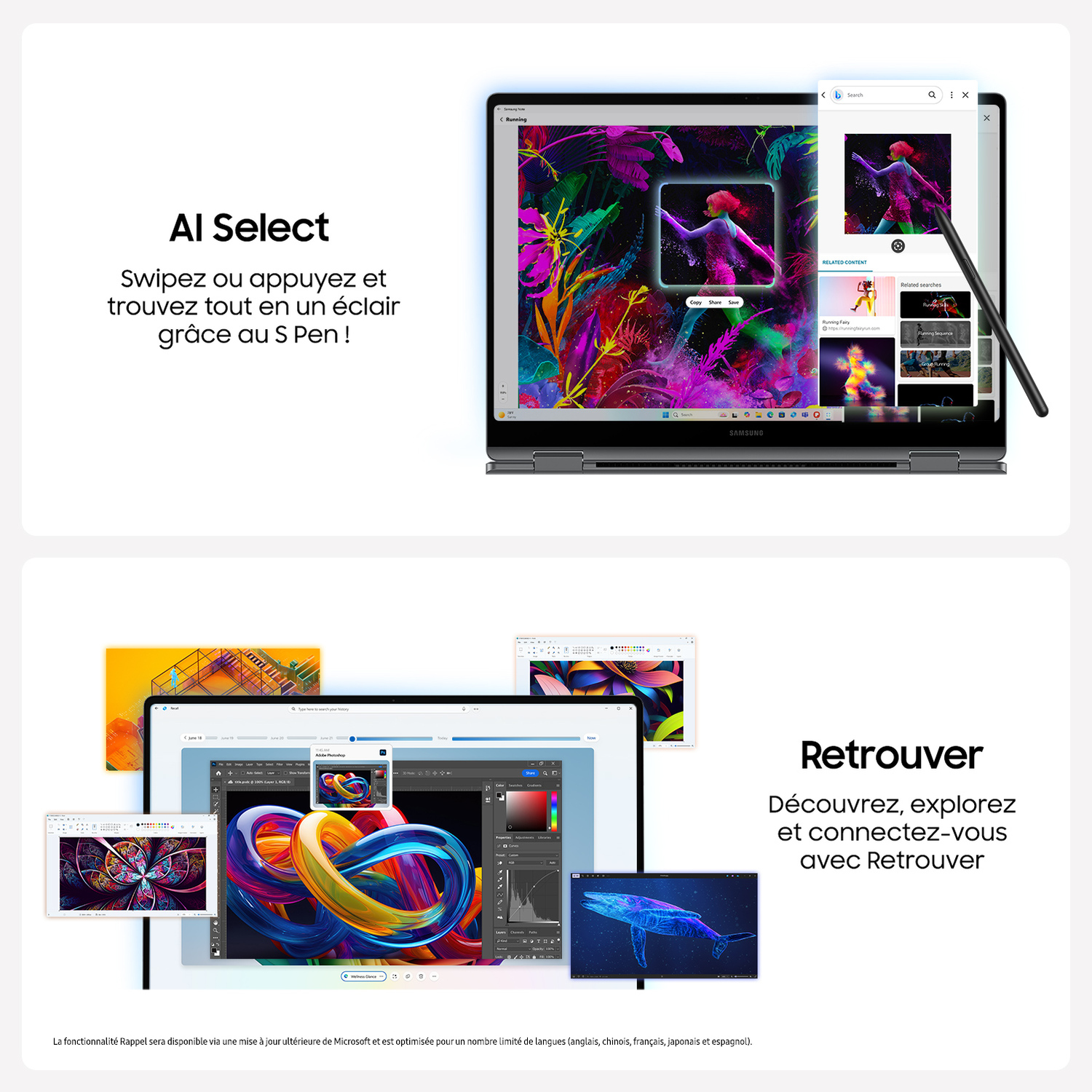 Ordinateur portable avec S Pen et plusieurs écrans affichant des applications et image.