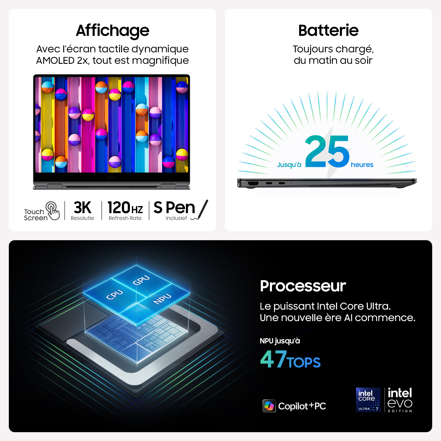 Un ordinateur portable avec un écran coloré, un indicateur de batterie et des détails sur le processeur.