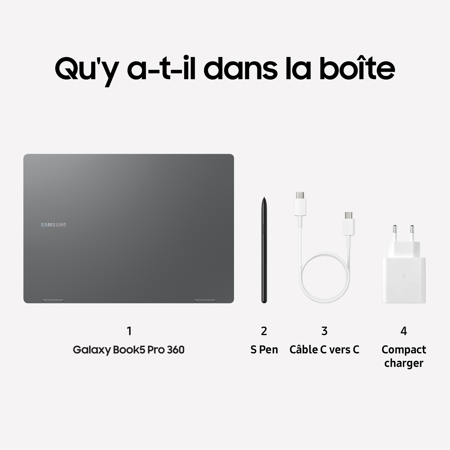 Contenu de la boîte : ordinateur portable, stylo, câble et chargeur. Fond blanc.