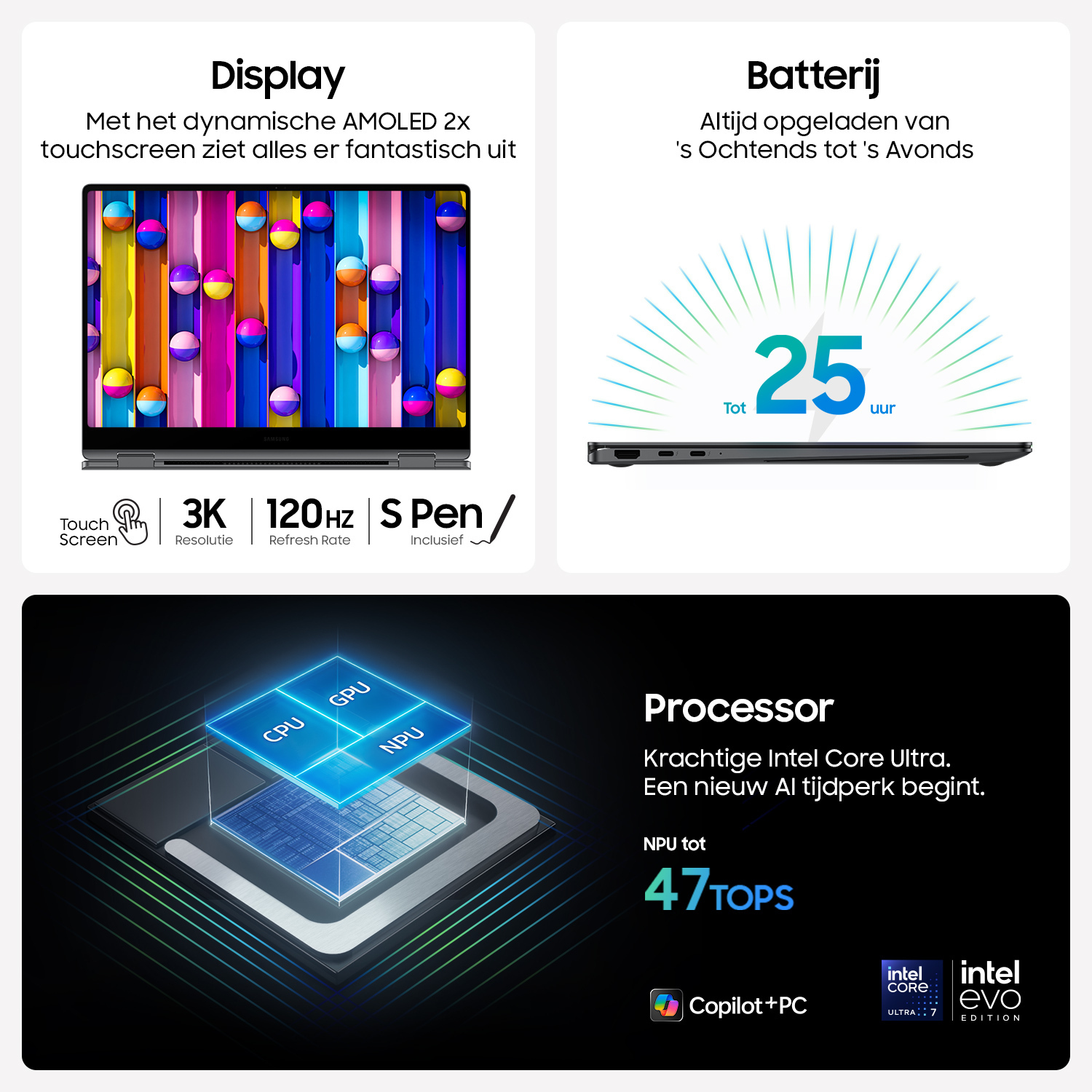 Laptop screen displaying colorful shapes. Text about display, battery, and processor.