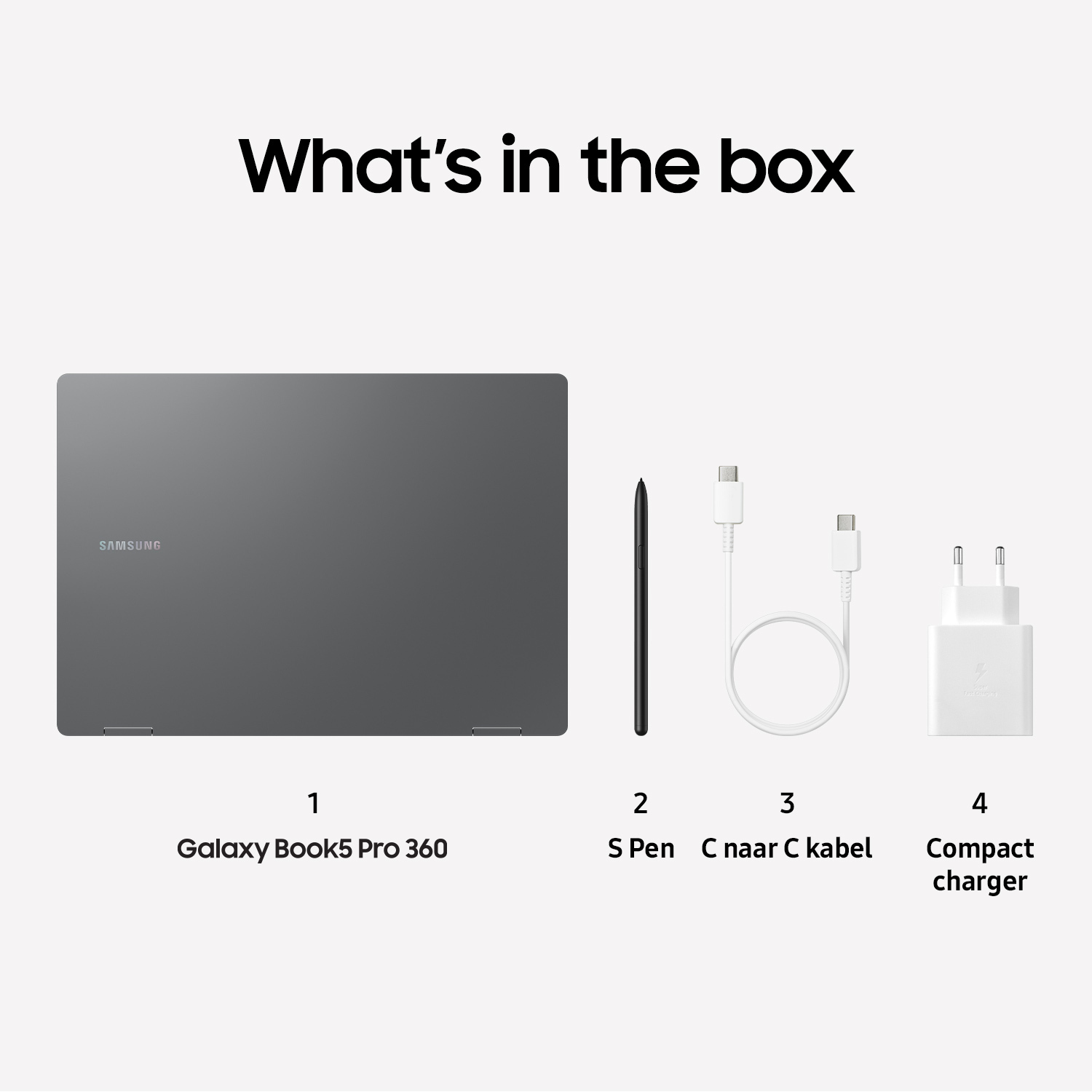 Box contents: Laptop, S Pen, charger and cable, all neatly arranged.