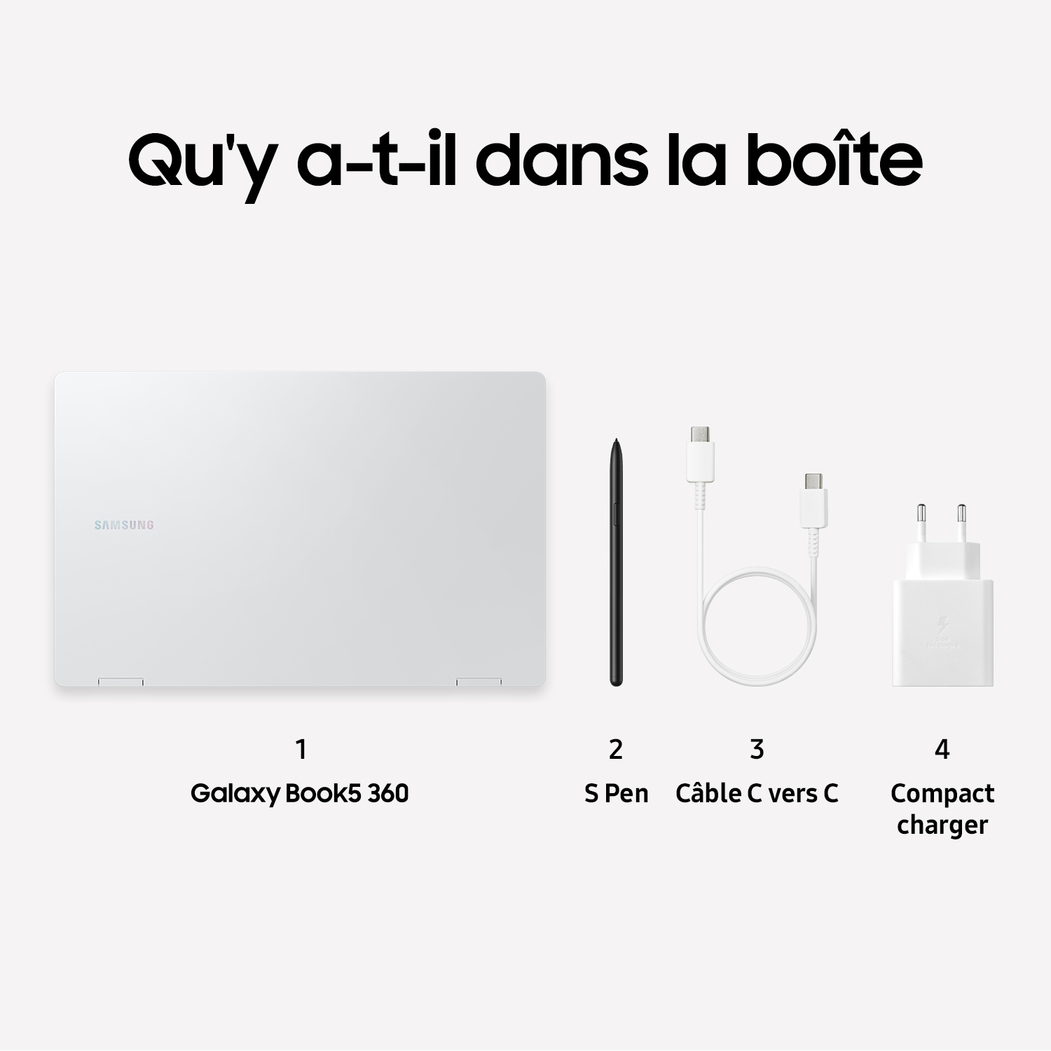 Ordinateur portable, stylo, câble et chargeur dans la boîte.
