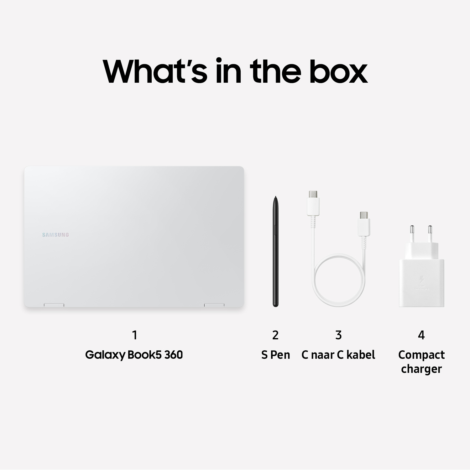 White laptop, stylus pen, charging cable and charger, labeled with numbers.