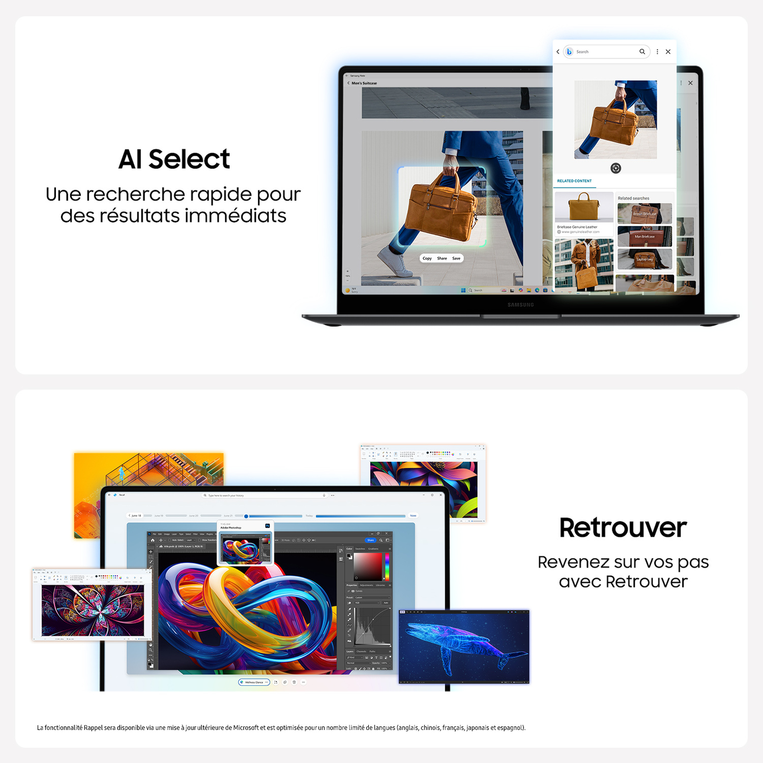 Ordinateur portable avec deux fenêtres ouvertes, et des images d'art numérique et une baleine.
