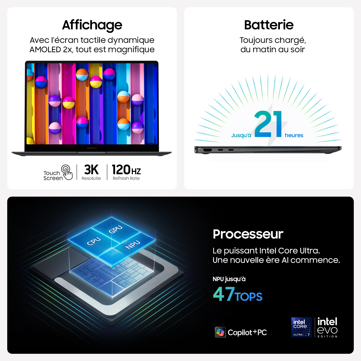 Écran d'ordinateur portable avec graphiques colorés, spécifications d'écran et batterie.