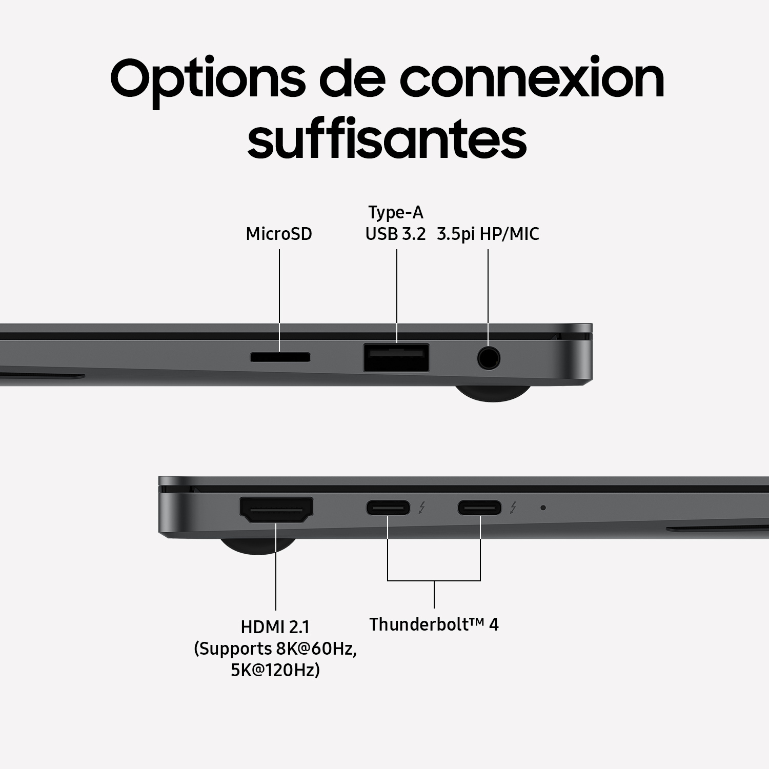 Un gros plan d'un ordinateur portable révèle les ports de connexion. Comprend les ports MicroSD, USB, HDMI et Thunderbolt.