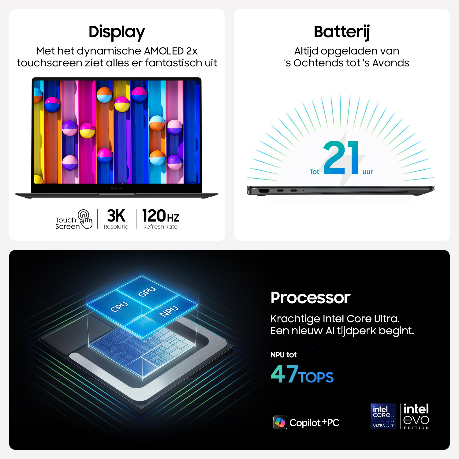 A laptop with a colorful display, battery life indicator and processor details shown.