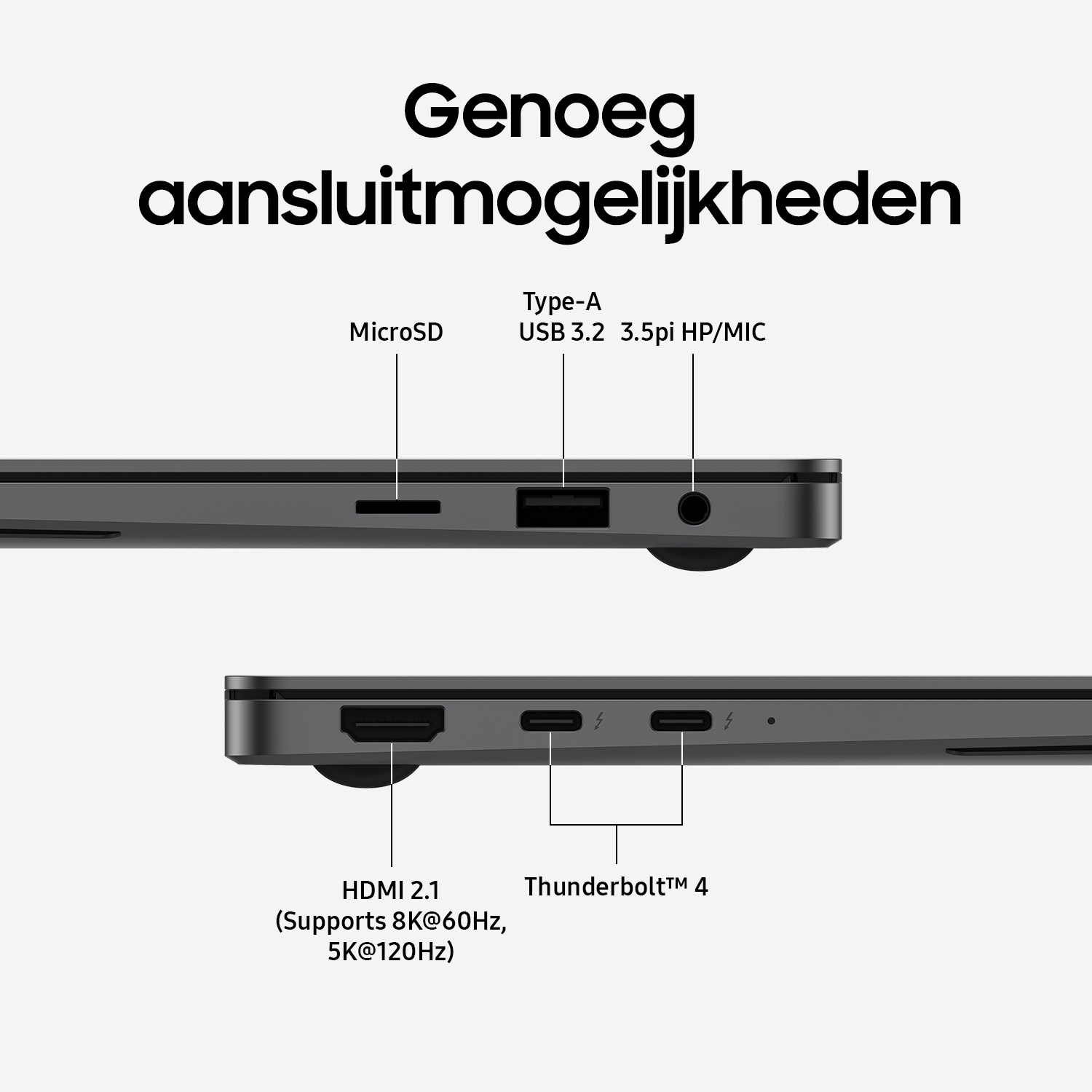 Close-up of a laptop's side, showing MicroSD, USB, and audio ports, plus HDMI and Thunderbolt.