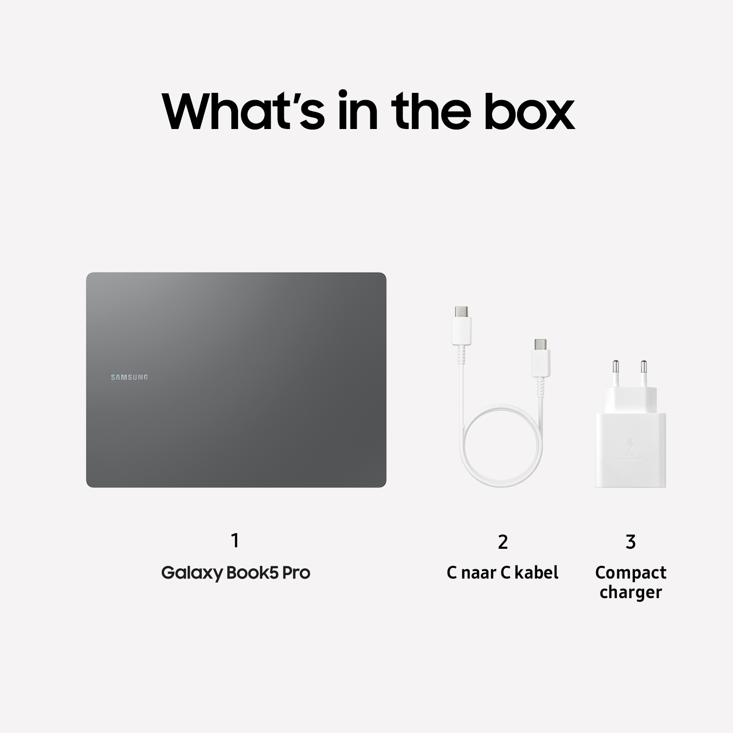 Laptop, charger, and cable in a box. All items are on a white background.