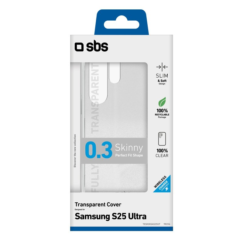 Eine transparente Handyhülle in ihrer Verpackung, beschriftet mit 'Skinny' und 'Ultra'.