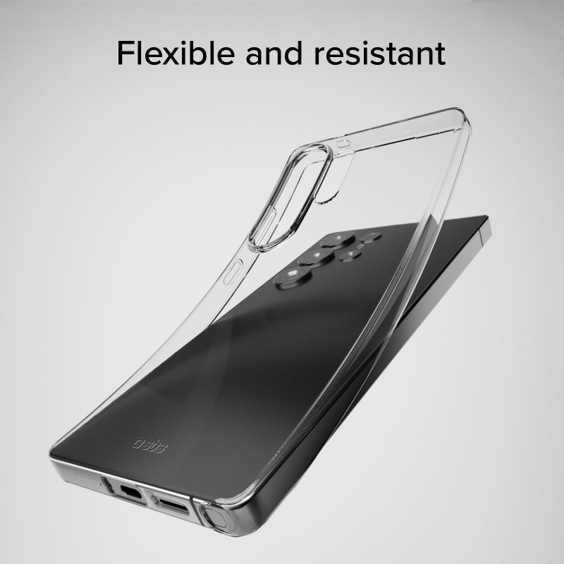 Eine durchsichtige Handyhülle wird hochgehalten und zeigt ein Telefon im Inneren. Das Telefon ist schwarz.