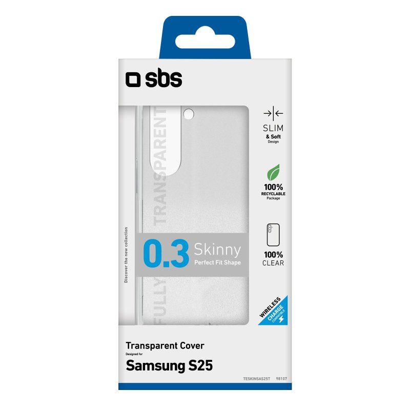 Eine Handyhüllenverpackung mit dem Markennamen SBS und dem Text "Transparent Cover Samsung S25".