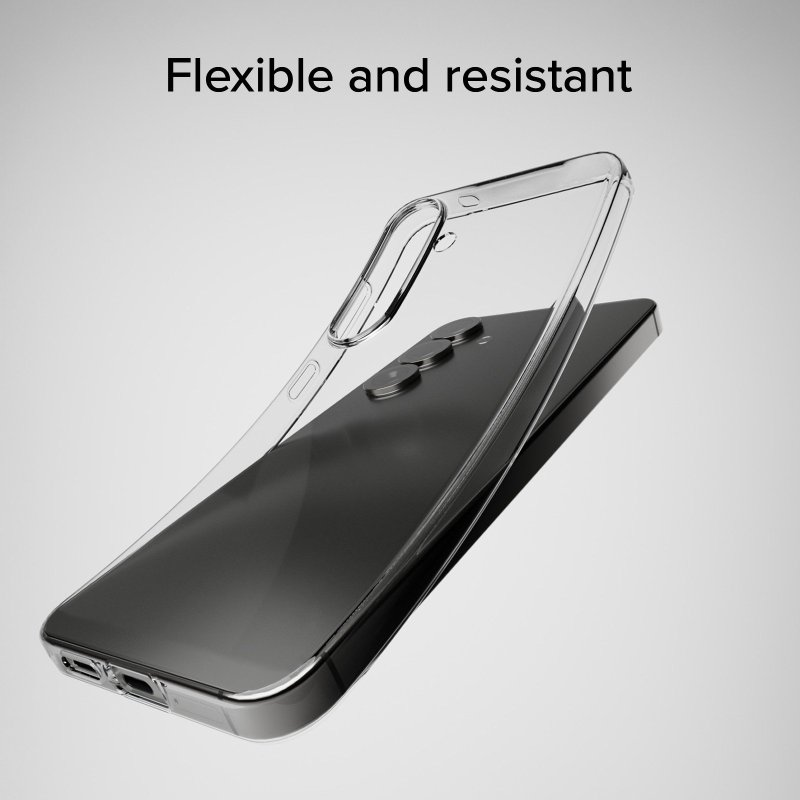 Klare Handyhülle über einem schwarzen Telefon. Die Hülle ist transparent. Der Text "Flexible und widerstandsfähig" steht oben.