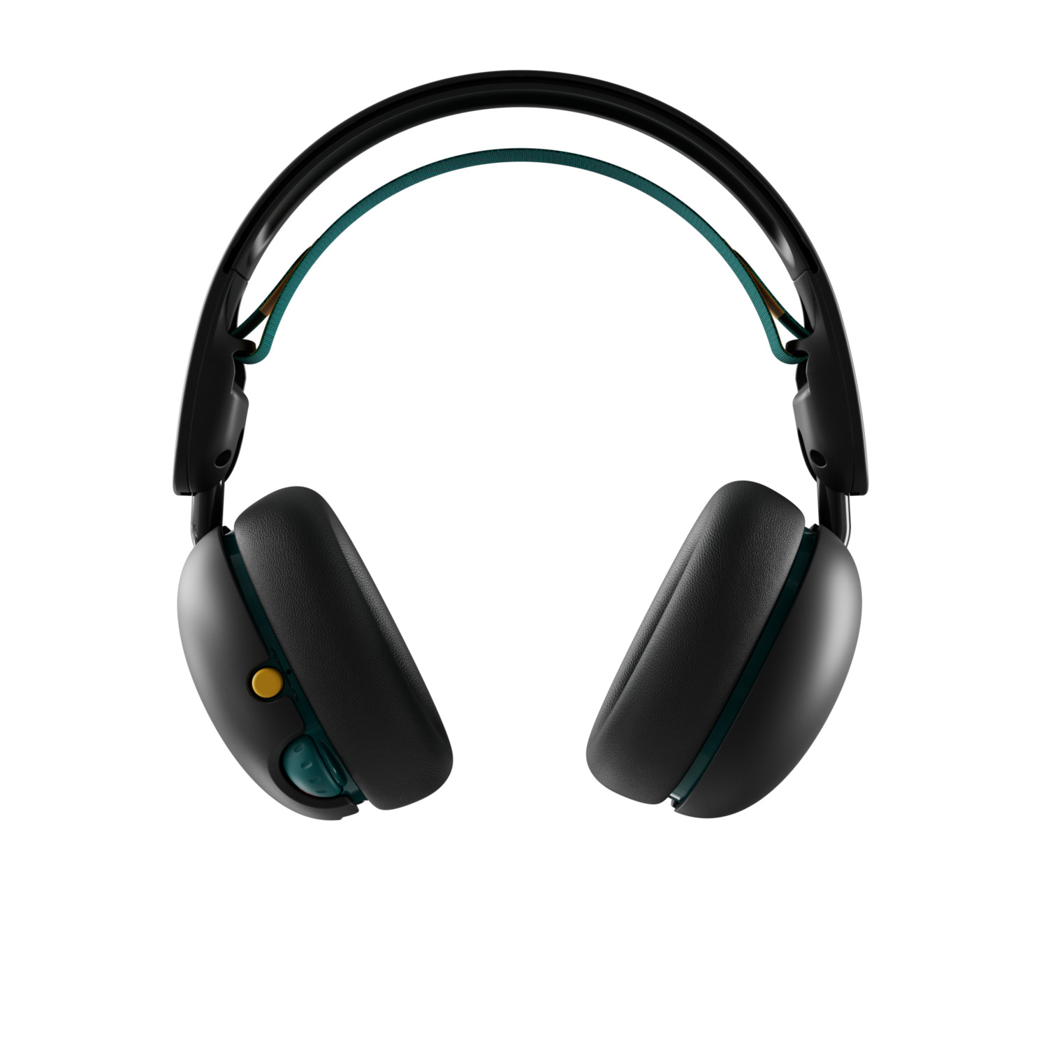 Black headphones with green accents and a yellow button on a white background.