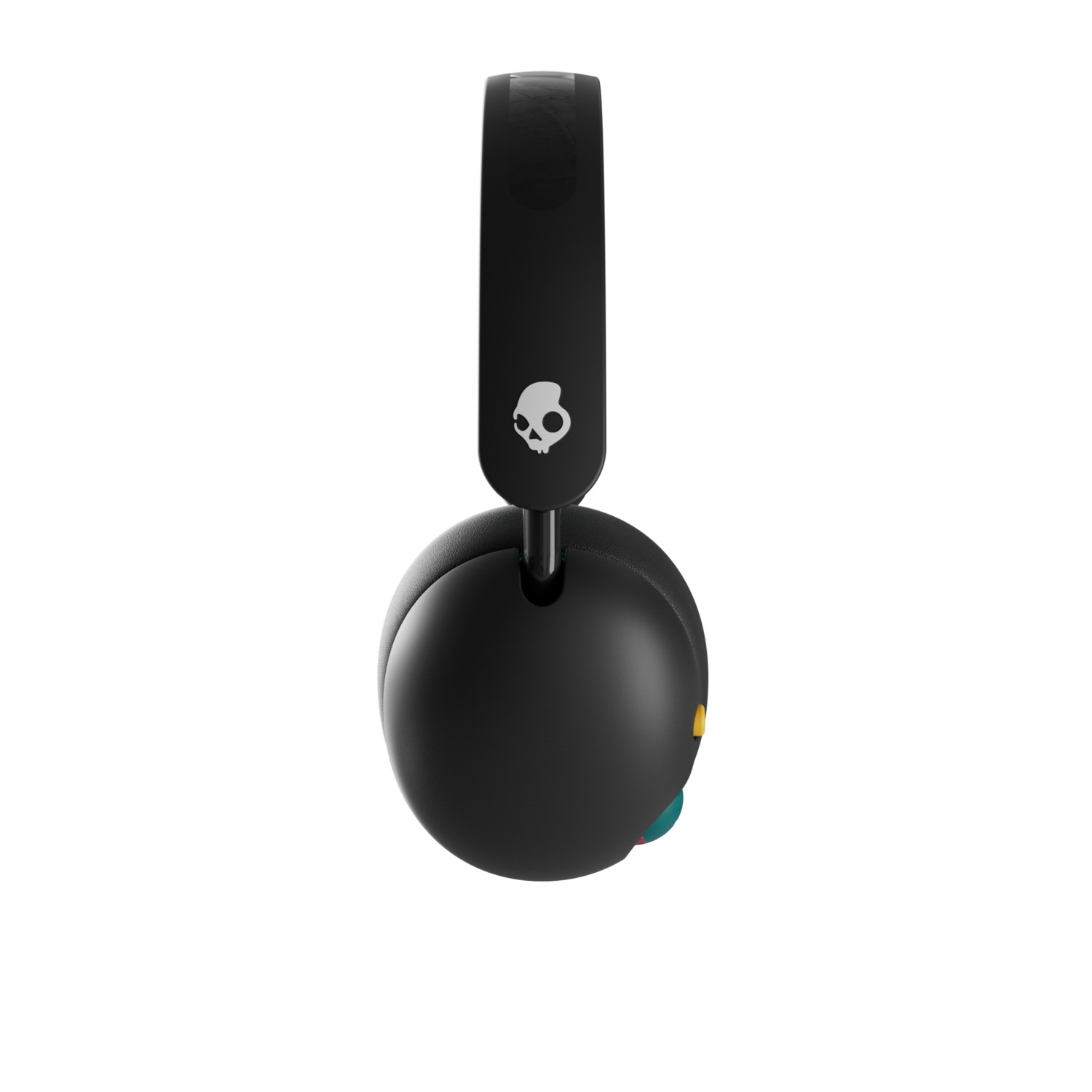 Black headphones, with a skull logo. The ear cups are black and the headband is black. Yellow and blue accents.