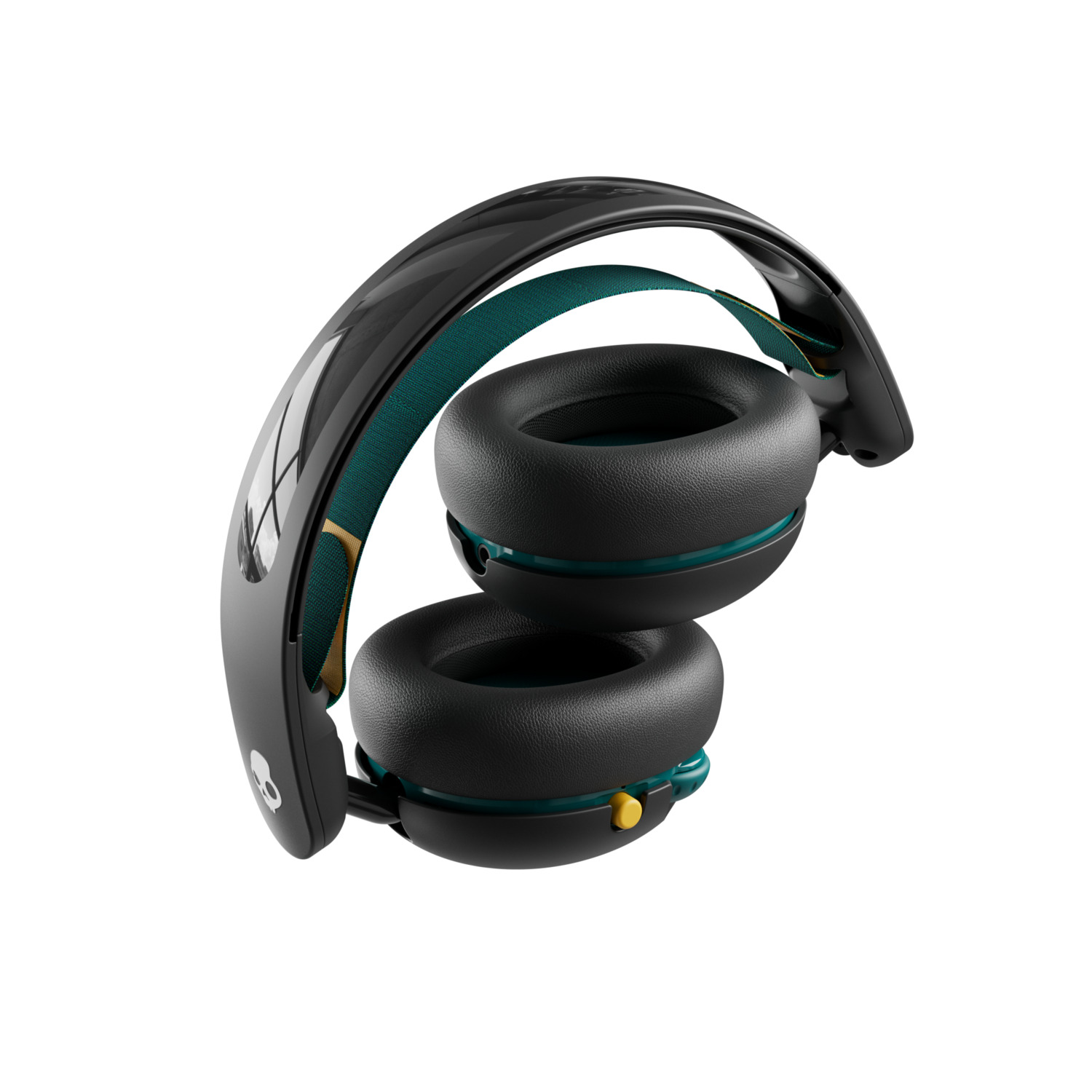Black headphones folded. Black earcups with green accents and logo.