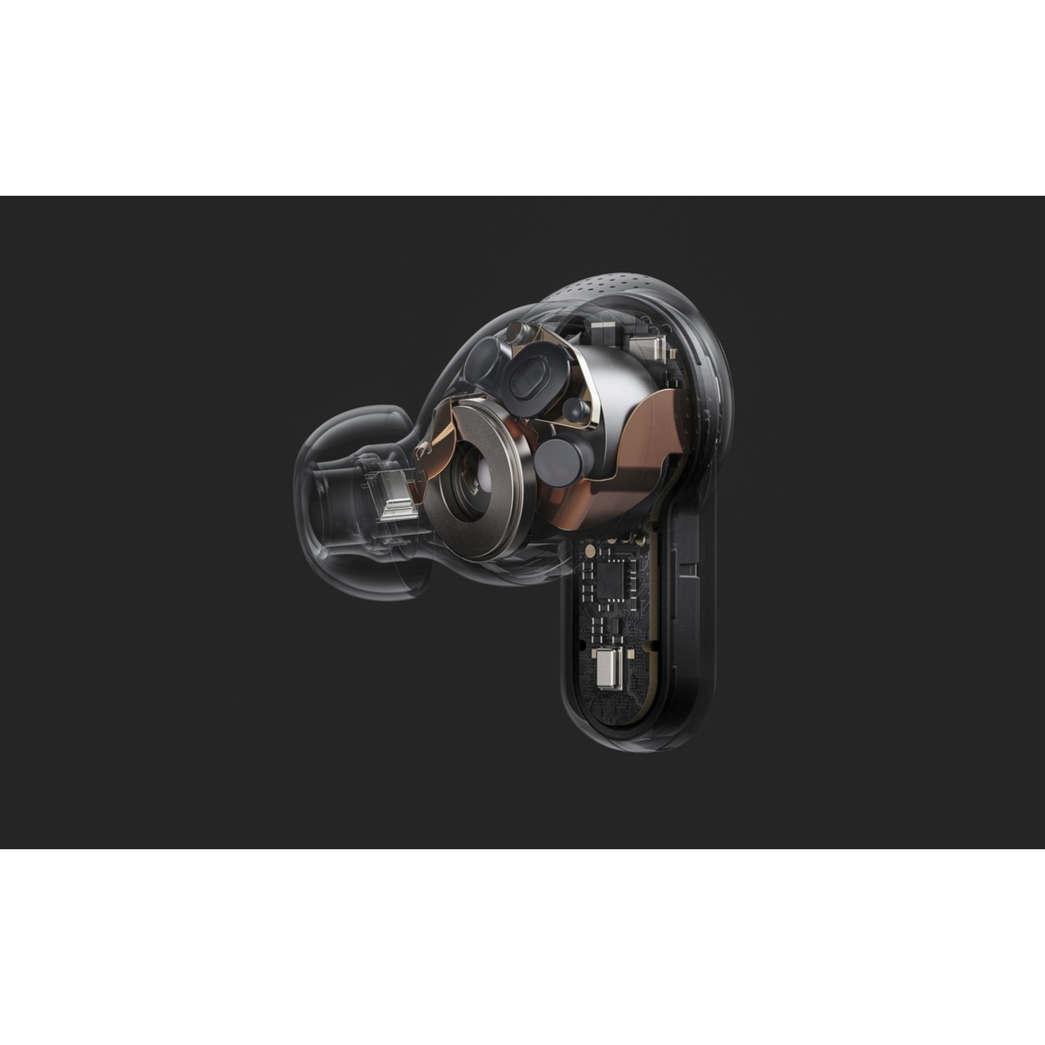 Coupe transversale d'écouteur montrant les composants internes. Boîtier transparent révèle détails.