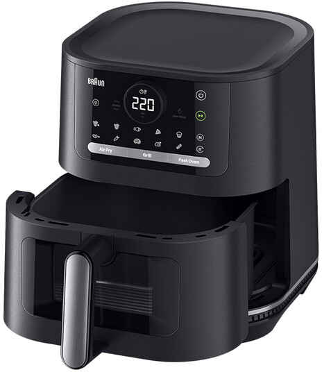 Friteuse à air Braun noire avec le tiroir ouvert, montrant l'intérieur de l'appareil.
