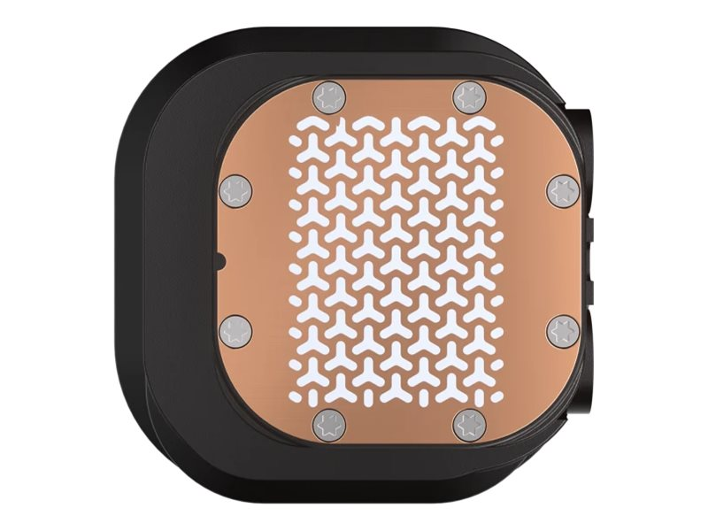Draufsicht auf einen schwarzen und kupferfarbenen CPU-Kühler mit geometrischem Muster.