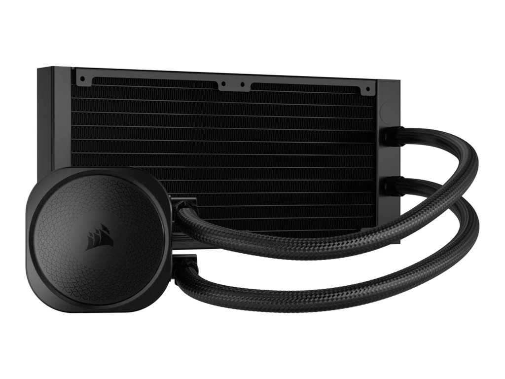 Schwarze Corsair-Flüssigkeitskühlung mit Radiator und Schläuchen.
