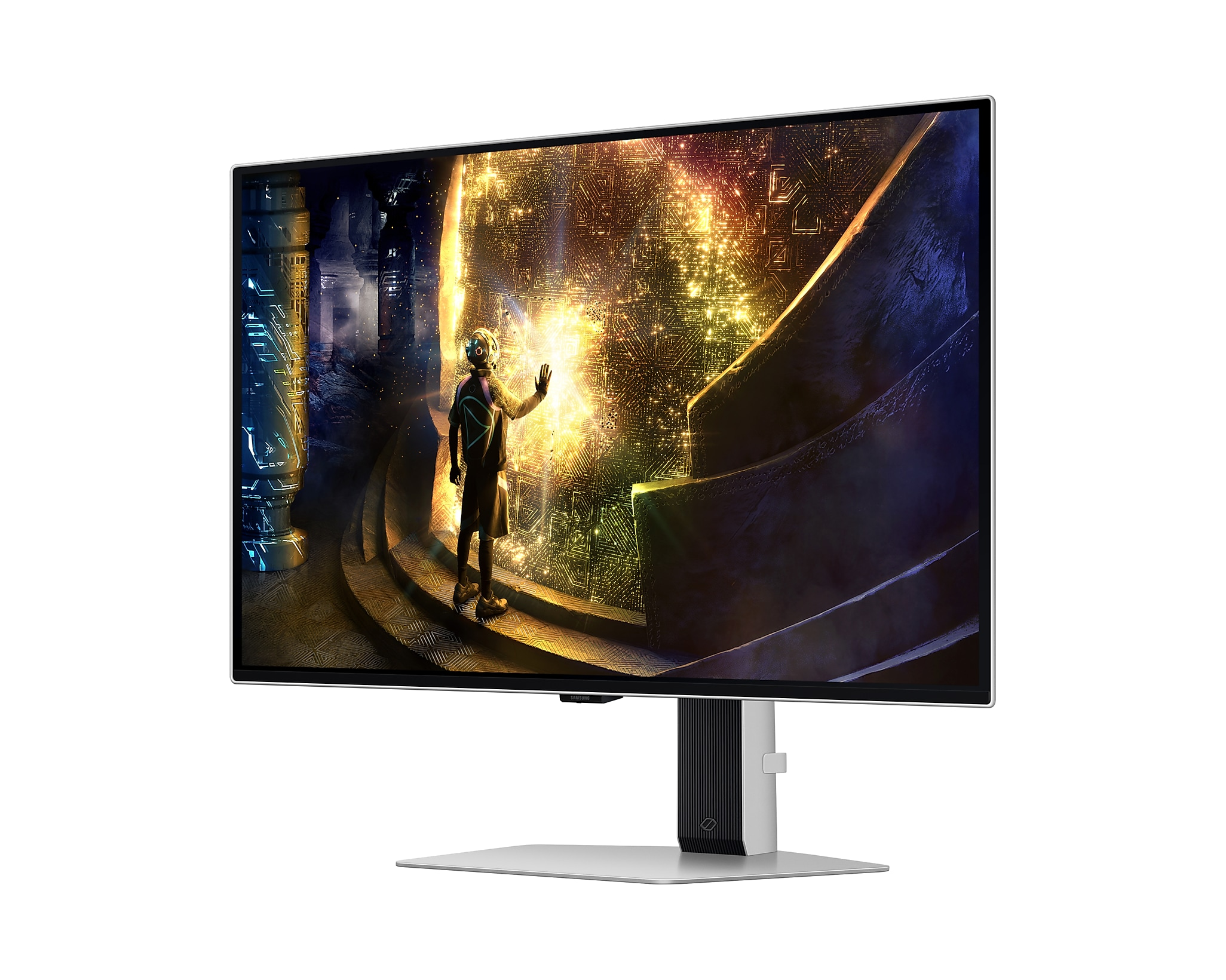 Monitor zeigt futuristische Szene mit Person, die nach Licht greift.