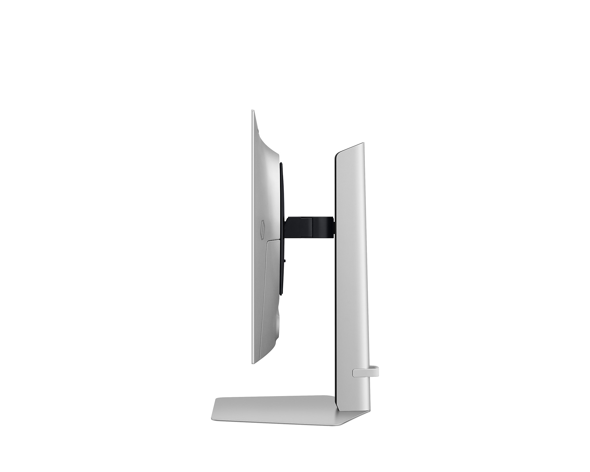 Silberner Computermonitor von der Seite, der Ständer und die Rückseite sind sichtbar.