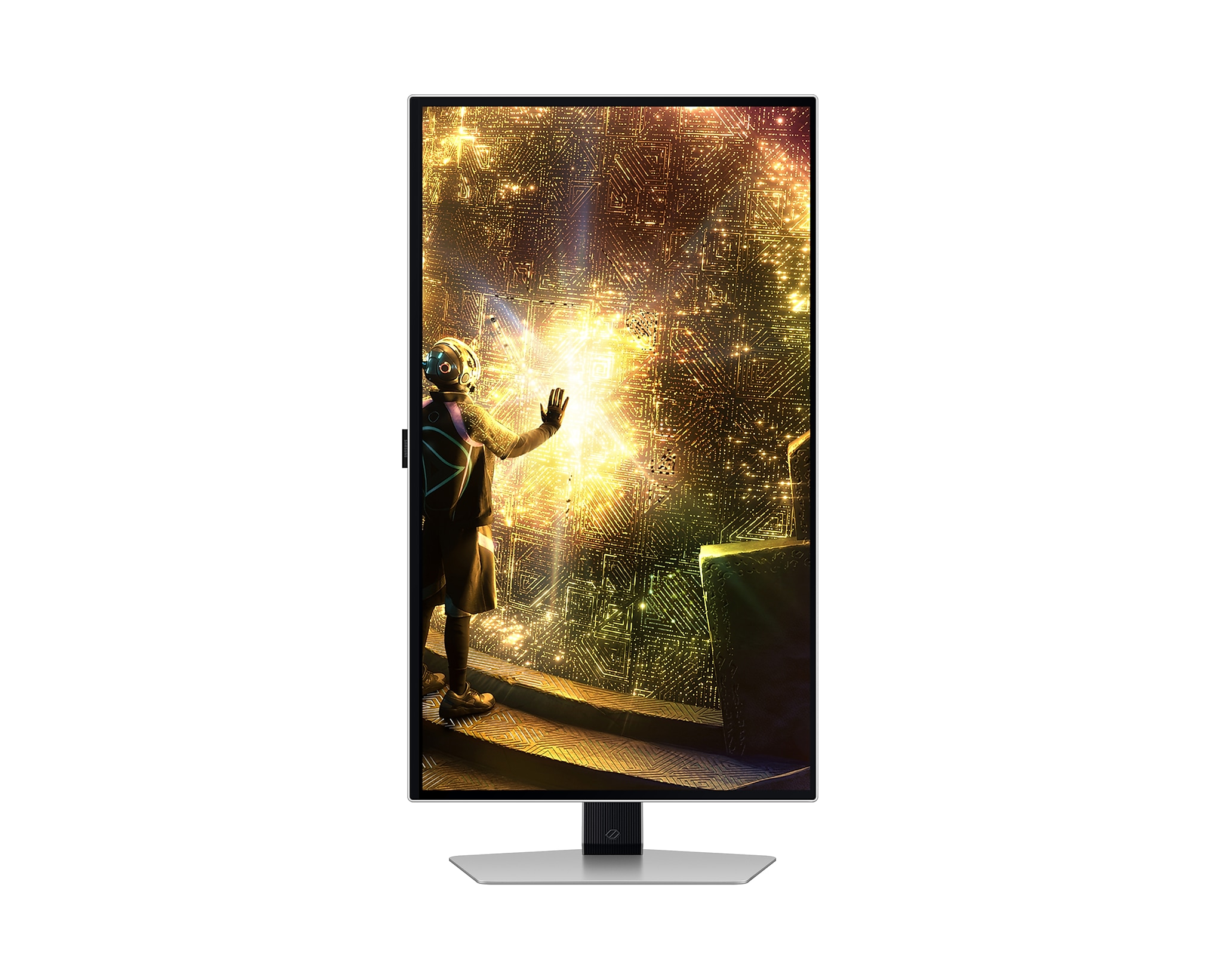 Ein moderner Computermonitor, der eine futuristische digitale Szene zeigt.