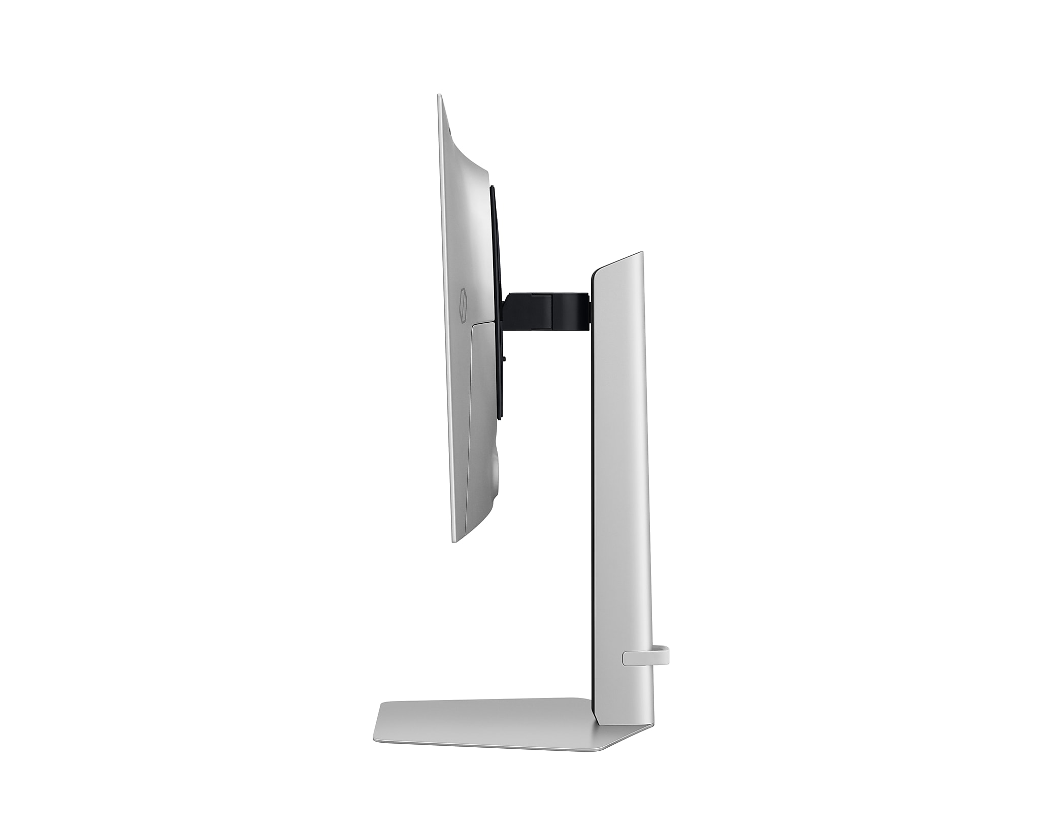 Seitenansicht eines silbernen Monitors mit schwarzem Ständer und Fuß. Klares, minimalistisches Design.