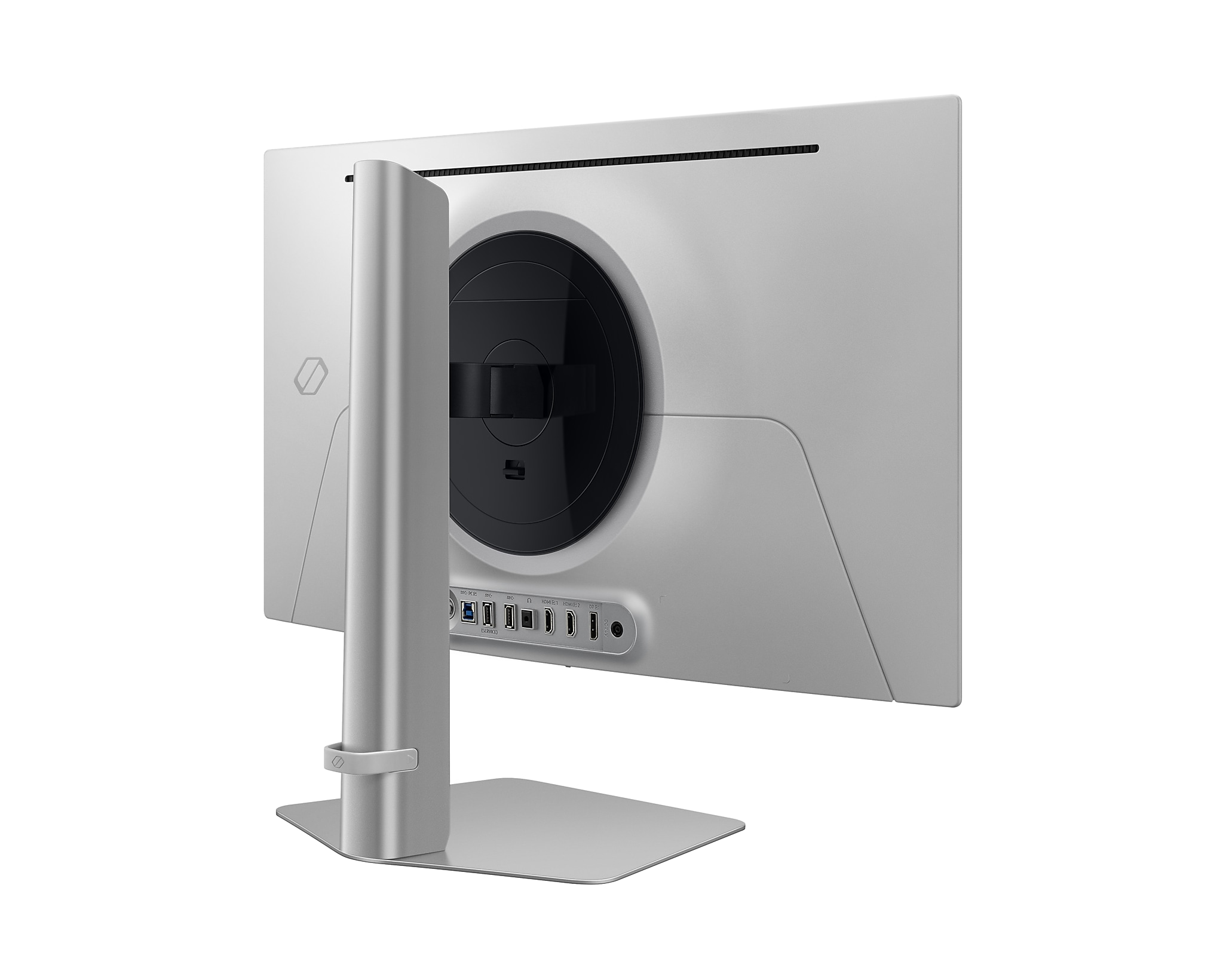Rückansicht eines weißen Monitors mit silbernem Ständer, Anschlüsse und Designelemente.