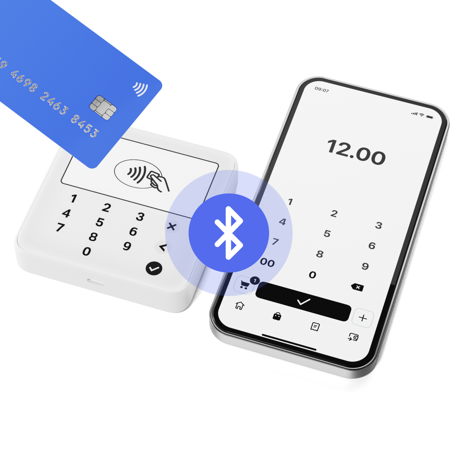 Payment setup showing a credit card, a payment terminal, and a phone with a Bluetooth icon.