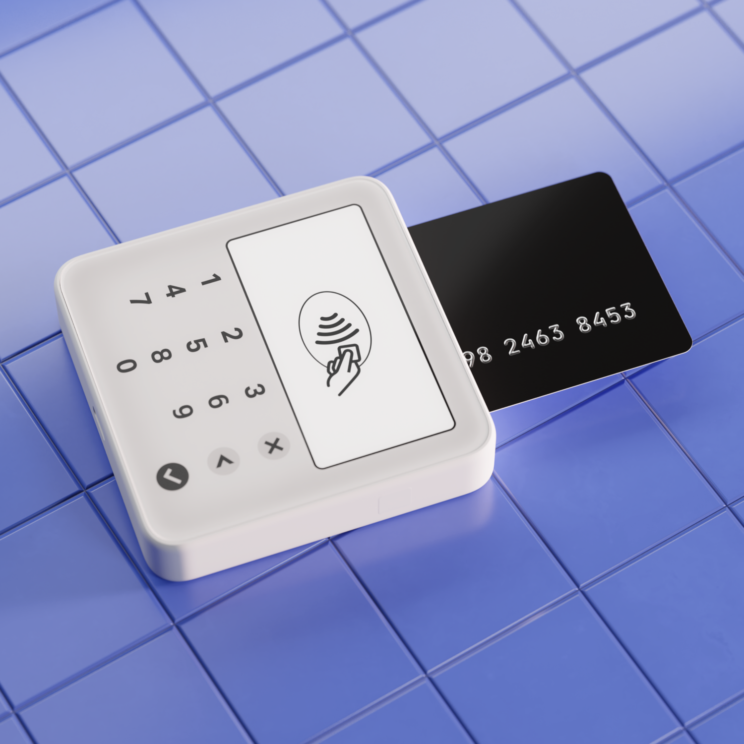 A white payment terminal with a black card. The card shows numbers.