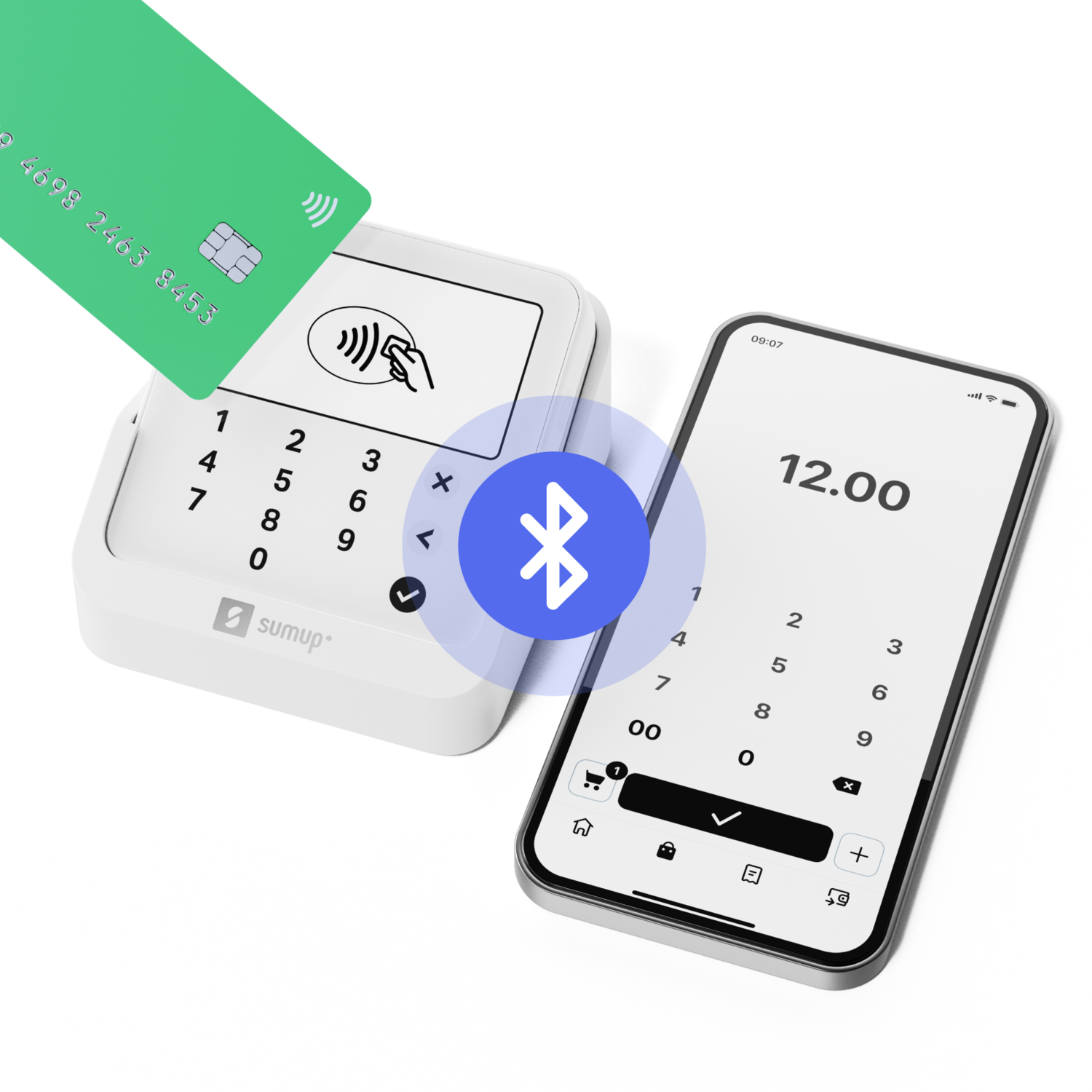 Payment terminal with a credit card, phone with amount, and Bluetooth symbol.