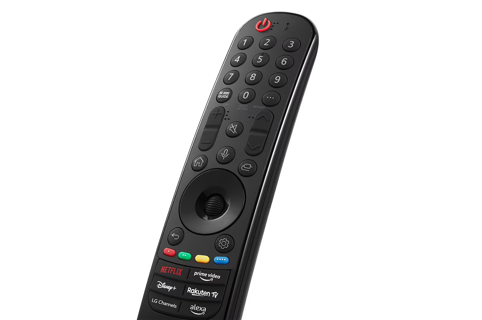 Fekete LG távirányító számos gombbal, beleértve a bekapcsolást, számokat és streaming szolgáltatásokat.