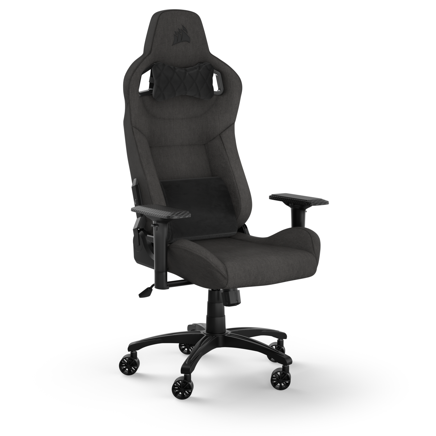 Gaming stoel. Hij is zwart met een hoofdsteun en een lendensteunkussen.