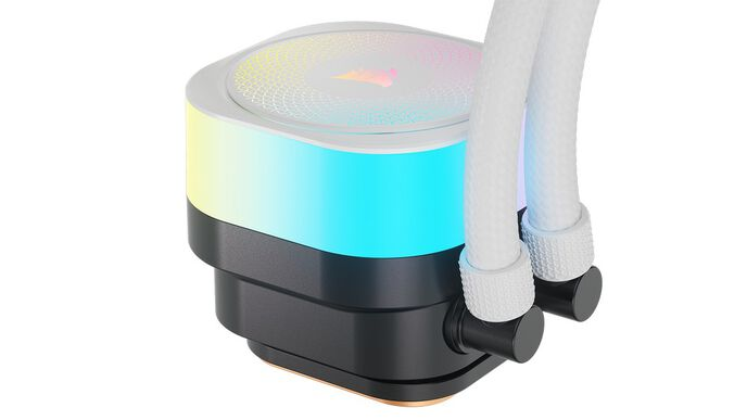 PC-Flüssigkeitskühler mit RGB-Beleuchtung und weißen Schläuchen.
