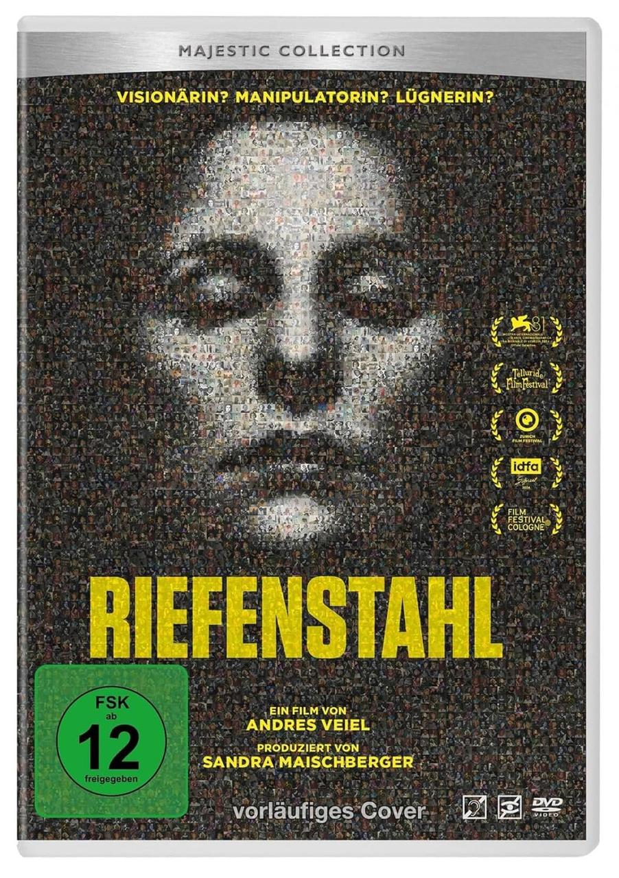 DVD-Cover: Porträt aus Gesichtern. Titel: Riefenstahl. Text auf Deutsch. Majestic Collection Logo.
